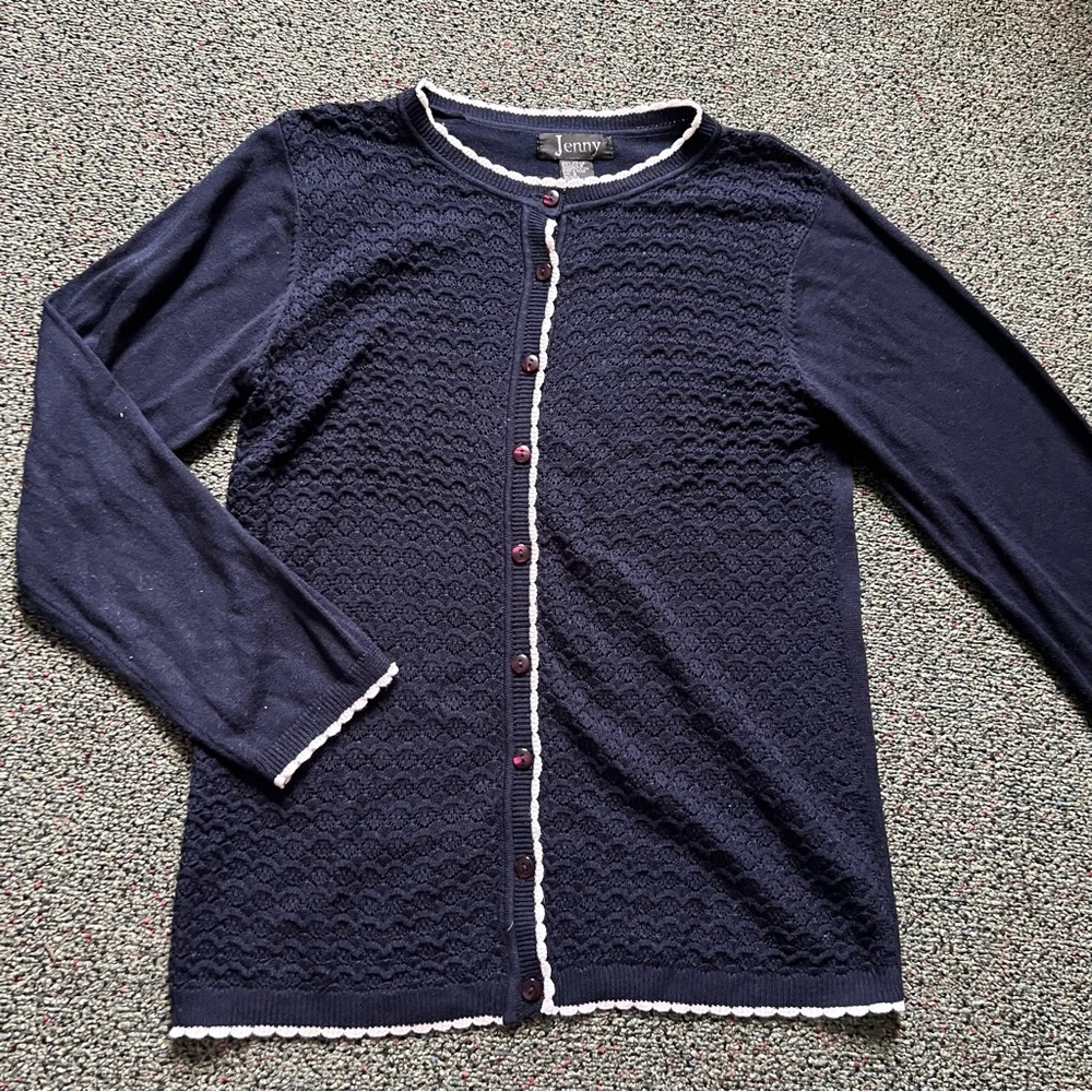 Navy Blue & Scalloped White Hem Stitching Open-Knit Cardigan Sweater Shirt Sz S